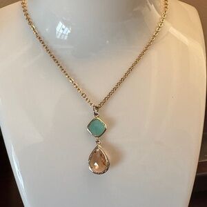Elegant Gold Necklace with turquoise and pink stone, handmade